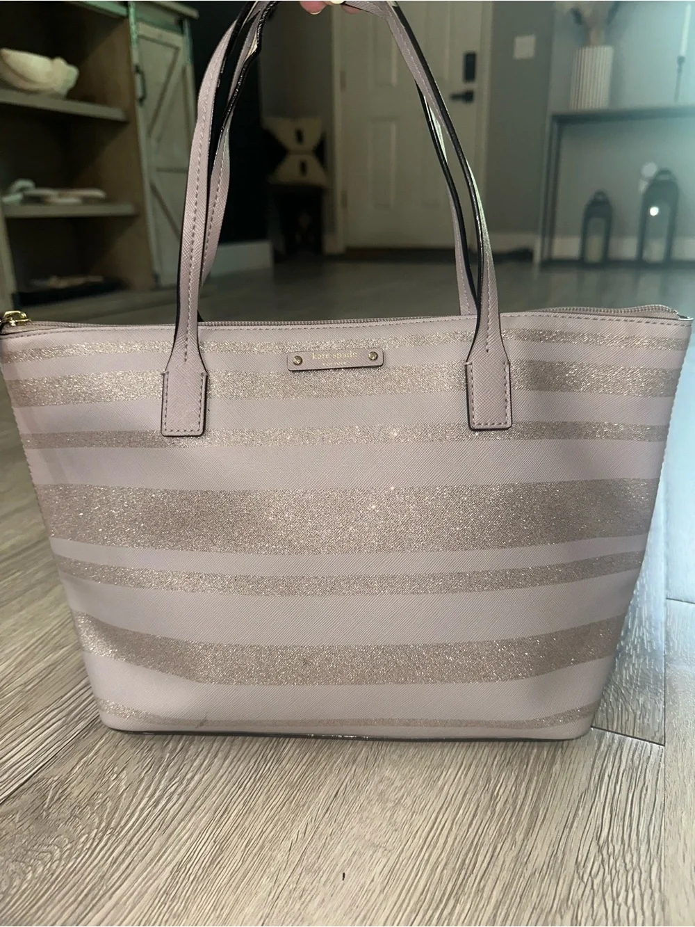 Kate Spade Haven Lane Hani Glitter Stripe Taupe Gold Stripe Shoulder Tote Bag